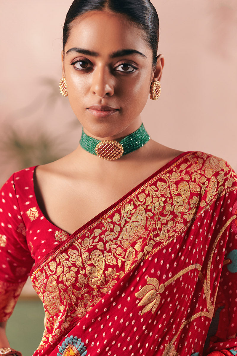 Khadi Georgette Bandhej Saree with Weaving & Tassel Detail — Festive / Party Wear LF