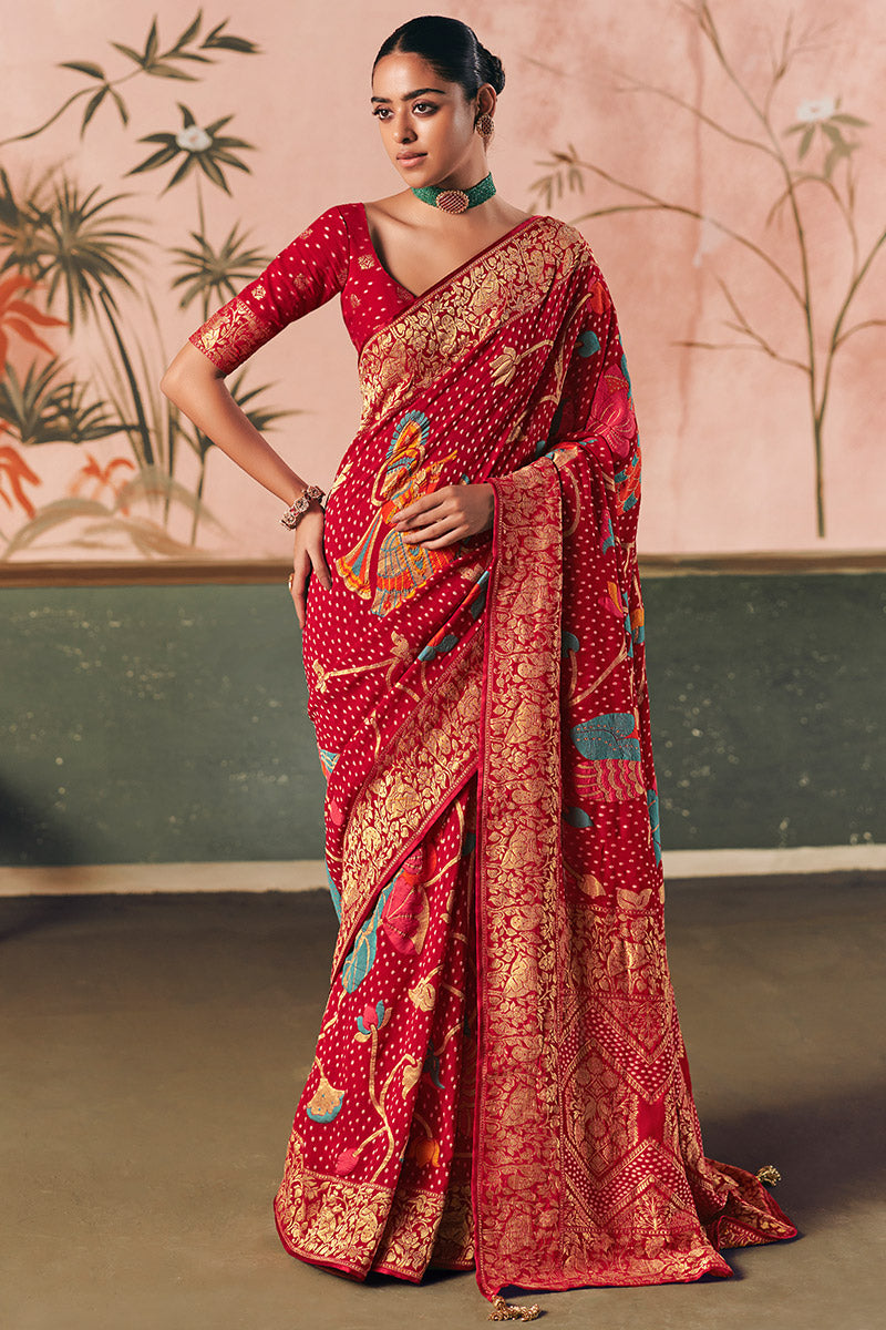 Khadi Georgette Bandhej Saree with Weaving & Tassel Detail — Festive / Party Wear LF
