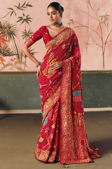 Khadi Georgette Bandhej Saree with Weaving & Tassel Detail — Festive / Party Wear LF