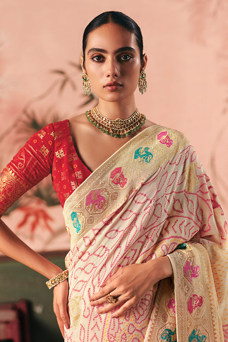 Pure Khadi Georgette Bandhej Saree with Zari Weaving & Tassels – Festive Wear UK LF