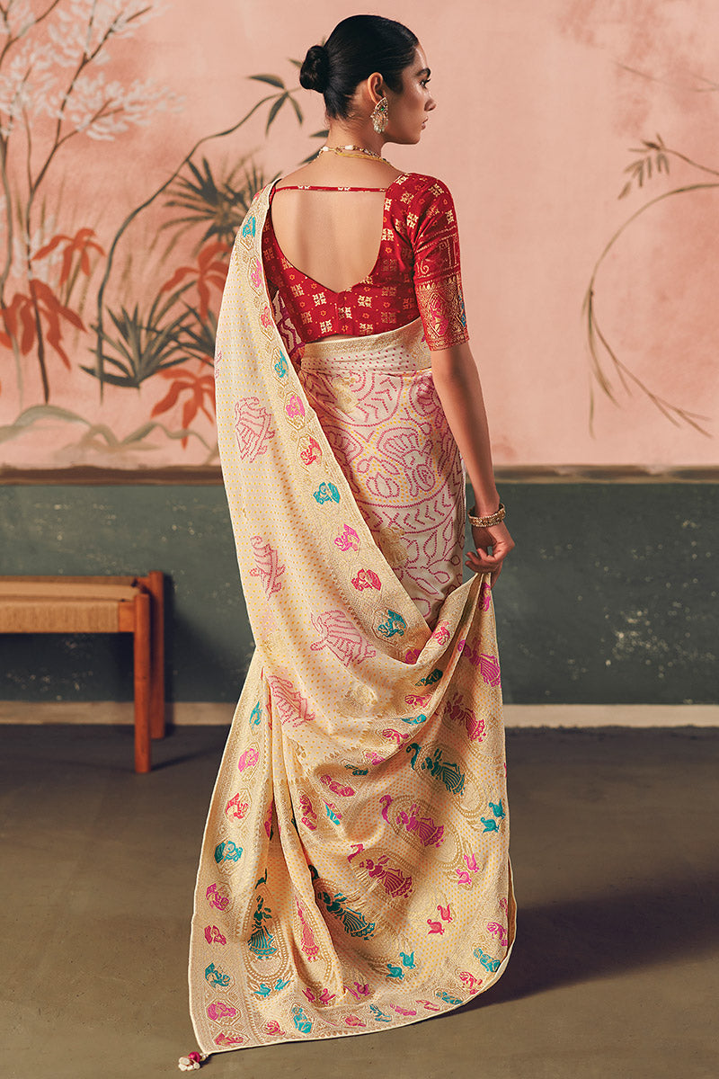 Pure Khadi Georgette Bandhej Saree with Zari Weaving & Tassels – Festive Wear UK LF