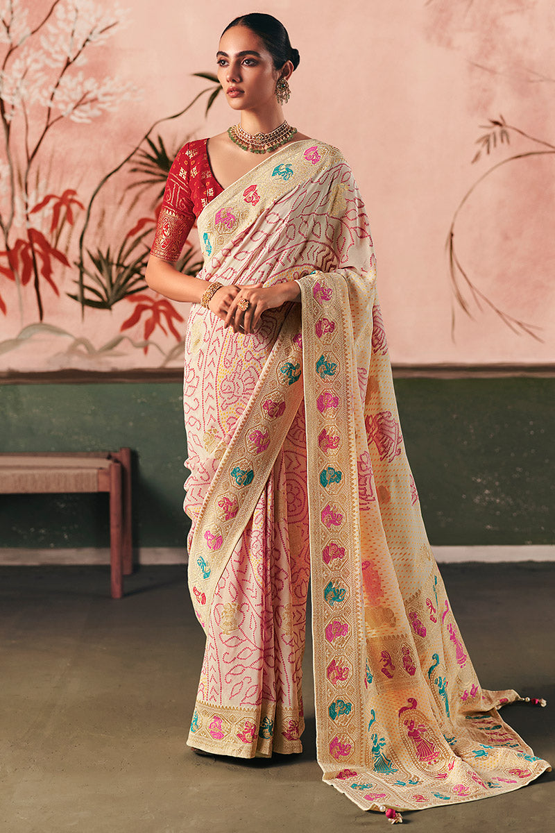 Pure Khadi Georgette Bandhej Saree with Zari Weaving & Tassels – Festive Wear UK LF