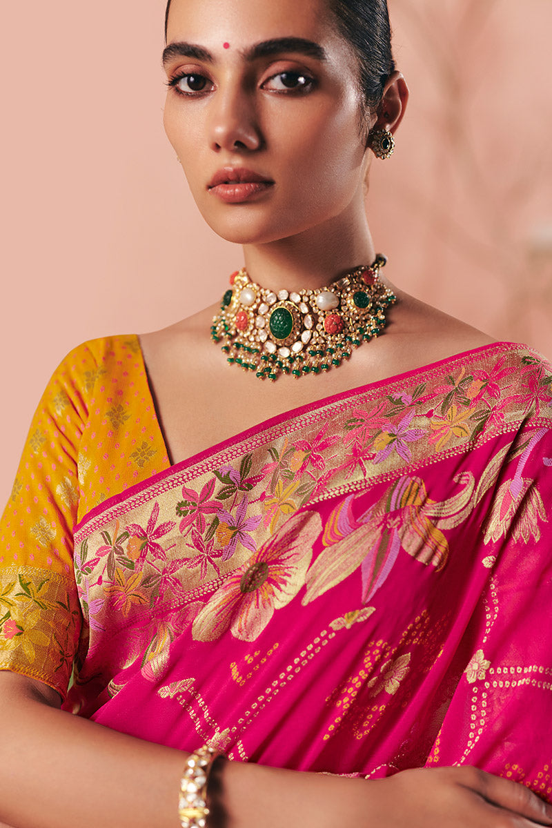 Luxury Bandhej Khadi Georgette Saree Weaving Rani Pink – Wedding & Party Wear LF