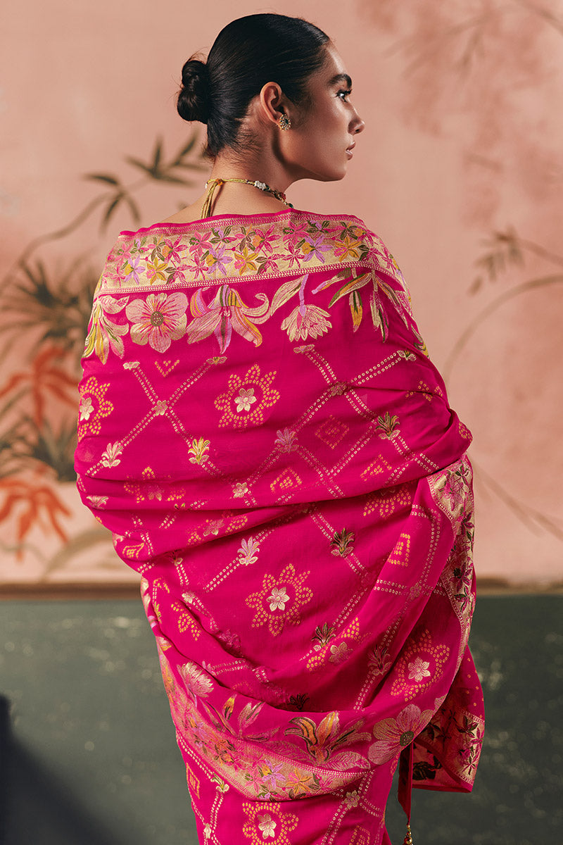 Luxury Bandhej Khadi Georgette Saree Weaving Rani Pink – Wedding & Party Wear LF