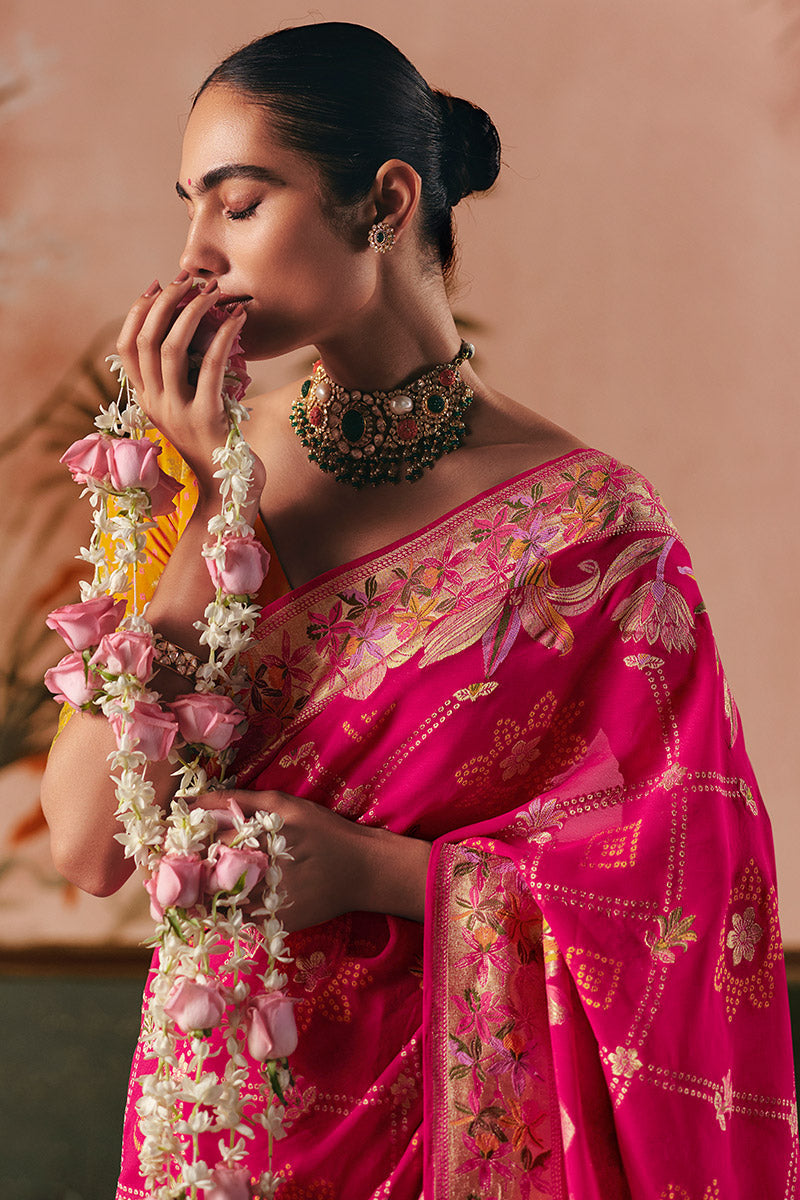 Luxury Bandhej Khadi Georgette Saree Weaving Rani Pink – Wedding & Party Wear LF