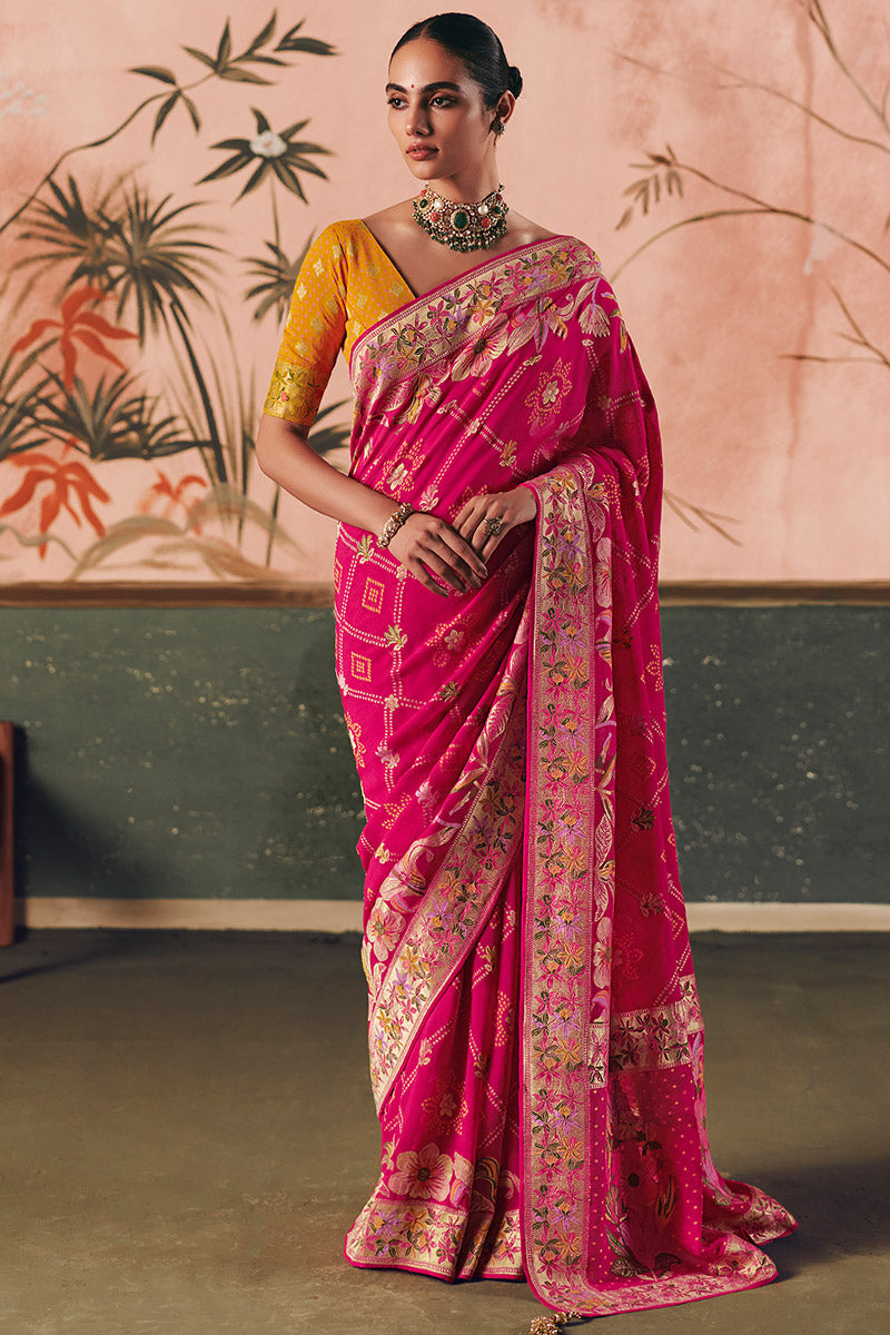 Luxury Bandhej Khadi Georgette Saree Weaving Rani Pink – Wedding & Party Wear LF