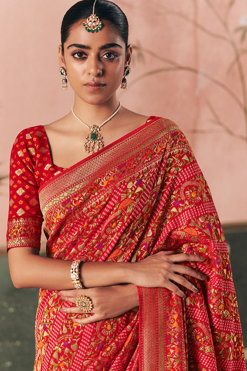 Red Khadi Georgette Bandhej Saree with Weaving & Tassels – Indian Saree UK LF