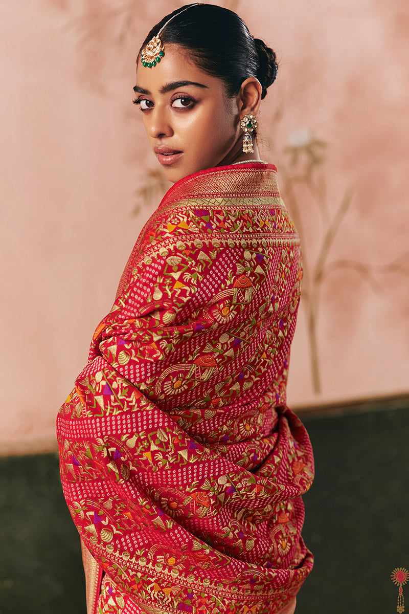 Red Khadi Georgette Bandhej Saree with Weaving & Tassels – Indian Saree UK LF