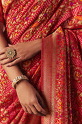 Red Khadi Georgette Bandhej Saree with Weaving & Tassels – Indian Saree UK LF