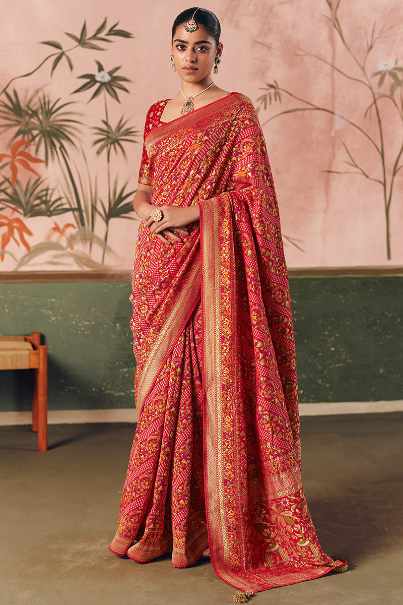 Red Khadi Georgette Bandhej Saree with Weaving & Tassels – Indian Saree UK LF