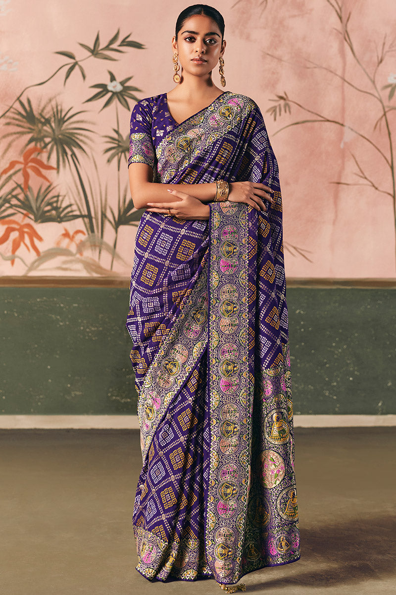 Blue Bandhej Khadi Georgette Saree – Designer Weaving & Festive Style LF