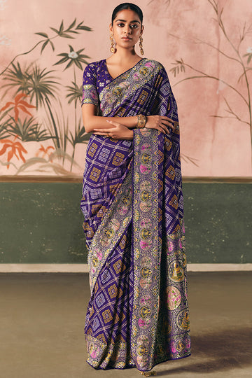 Blue Bandhej Khadi Georgette Saree – Designer Weaving & Festive Style LF