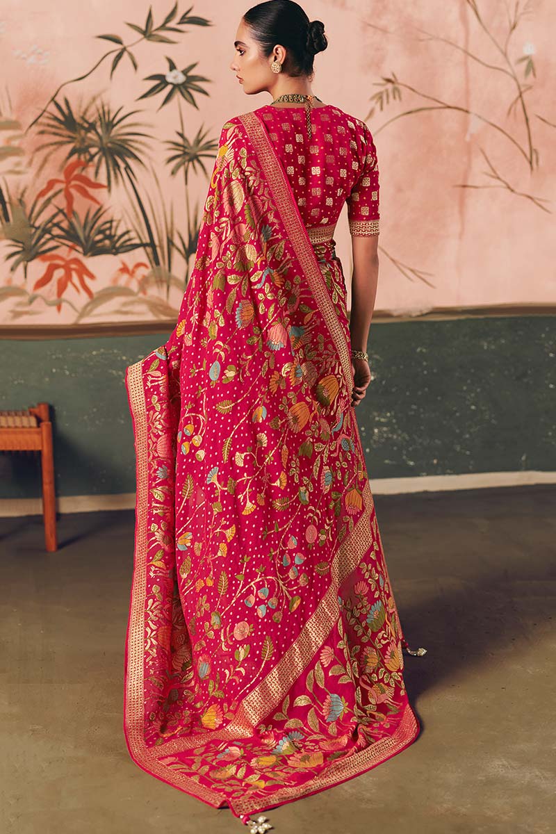 Rani Pink Pure Georgette Bandhej Saree with Gold Weaving – Party Wear Saree UK LF