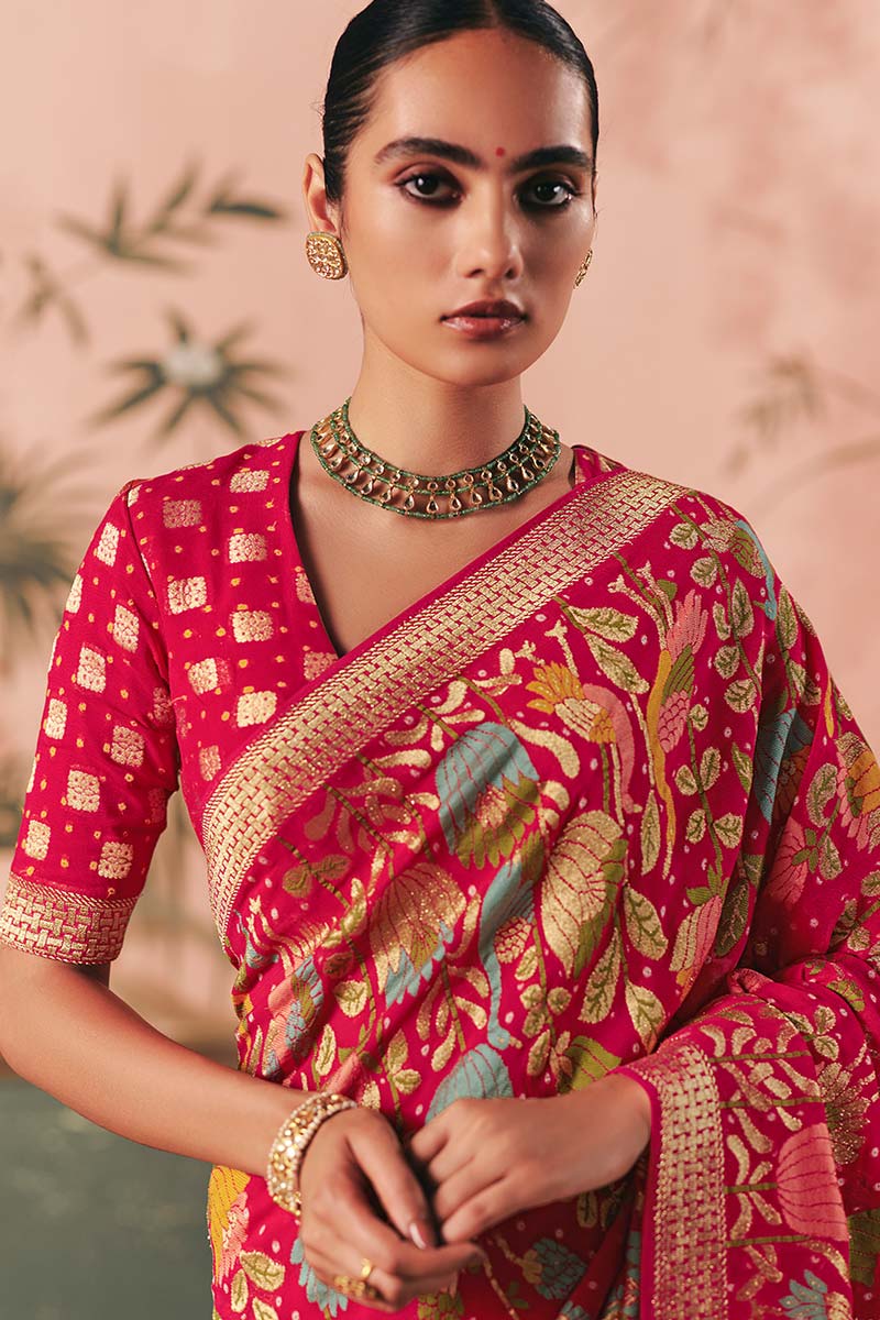 Rani Pink Pure Georgette Bandhej Saree with Gold Weaving – Party Wear Saree UK LF