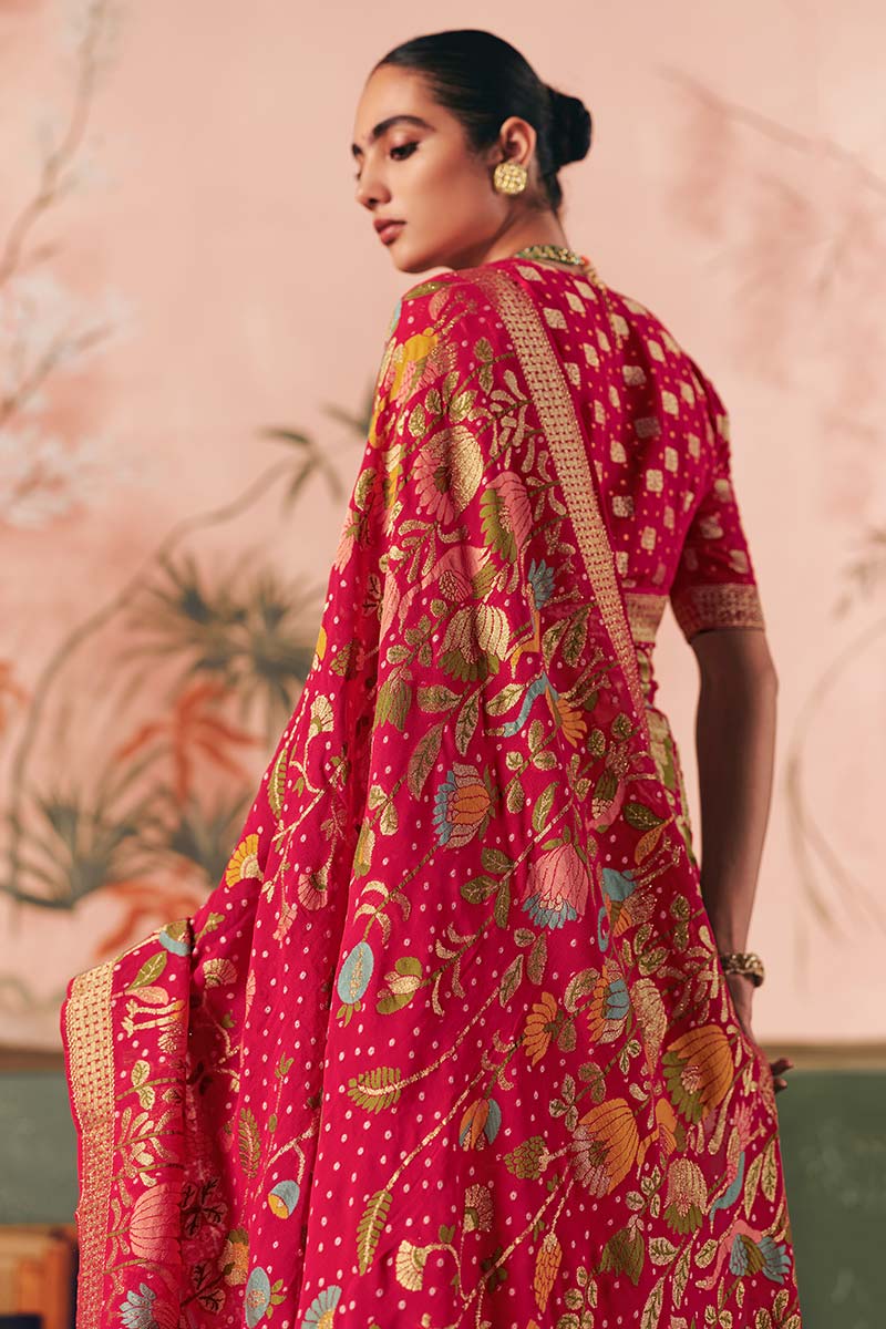 Rani Pink Pure Georgette Bandhej Saree with Gold Weaving – Party Wear Saree UK LF