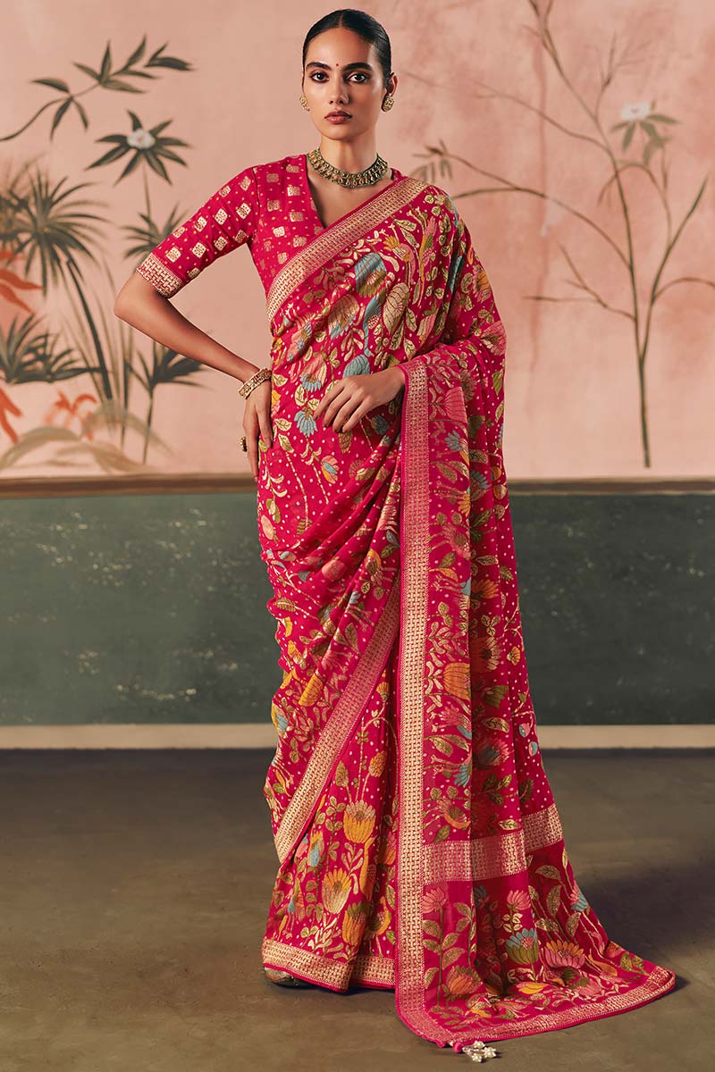 Rani Pink Pure Georgette Bandhej Saree with Gold Weaving – Party Wear Saree UK LF