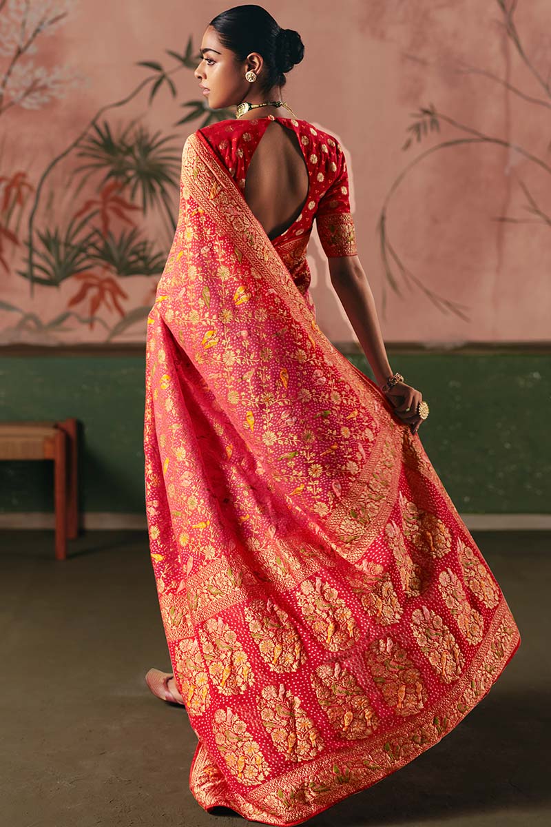 Pink Bandhej Khadi Georgette Saree with Heavy Weaving – Wedding Saree UK LF
