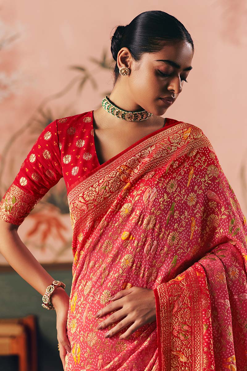 Pink Bandhej Khadi Georgette Saree with Heavy Weaving – Wedding Saree UK LF