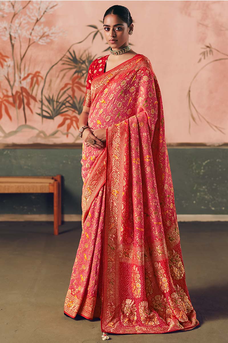 Pink Bandhej Khadi Georgette Saree with Heavy Weaving – Wedding Saree UK LF