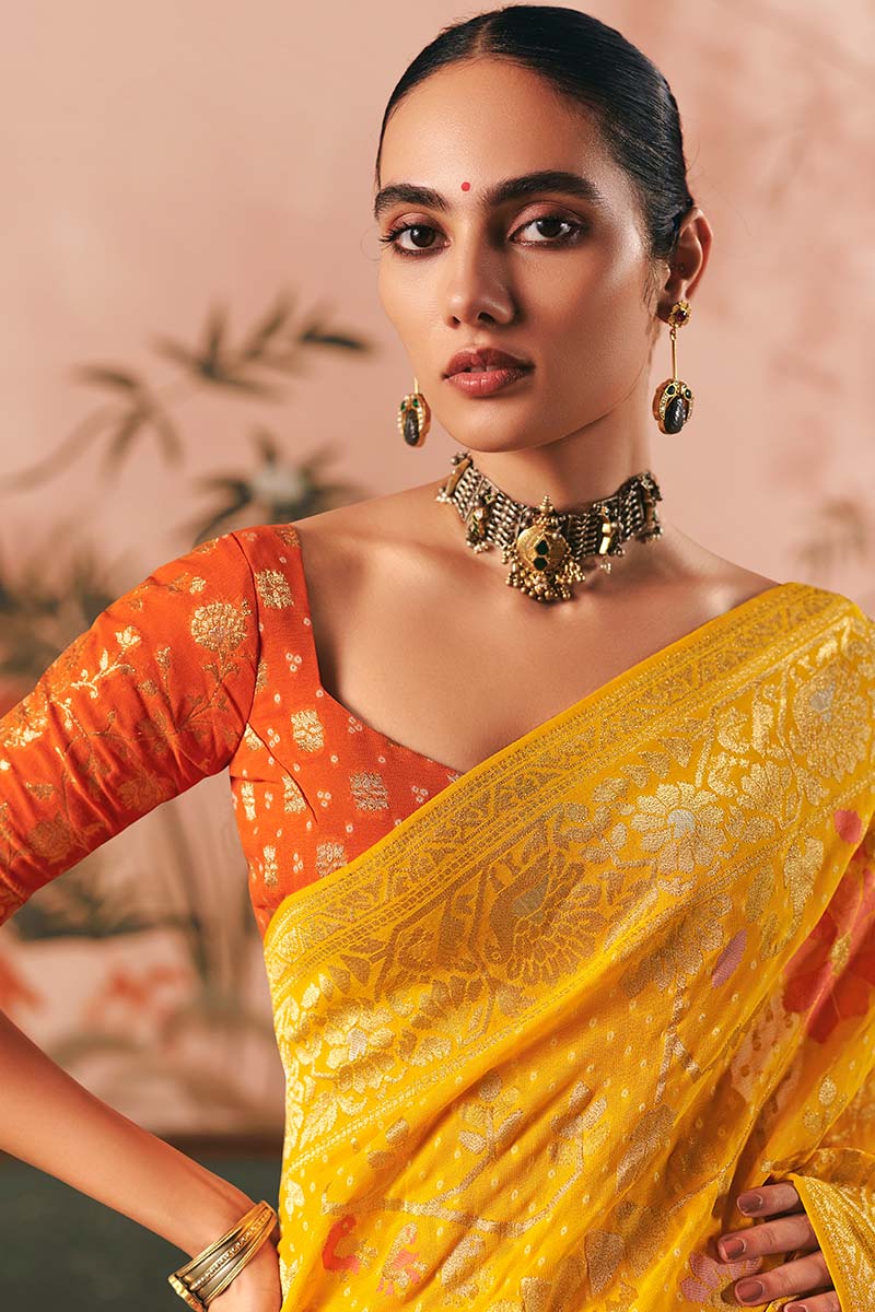 Mustard Festive Indian Bandhej Saree with Zari Weave – Khadi Georgette Collection LF