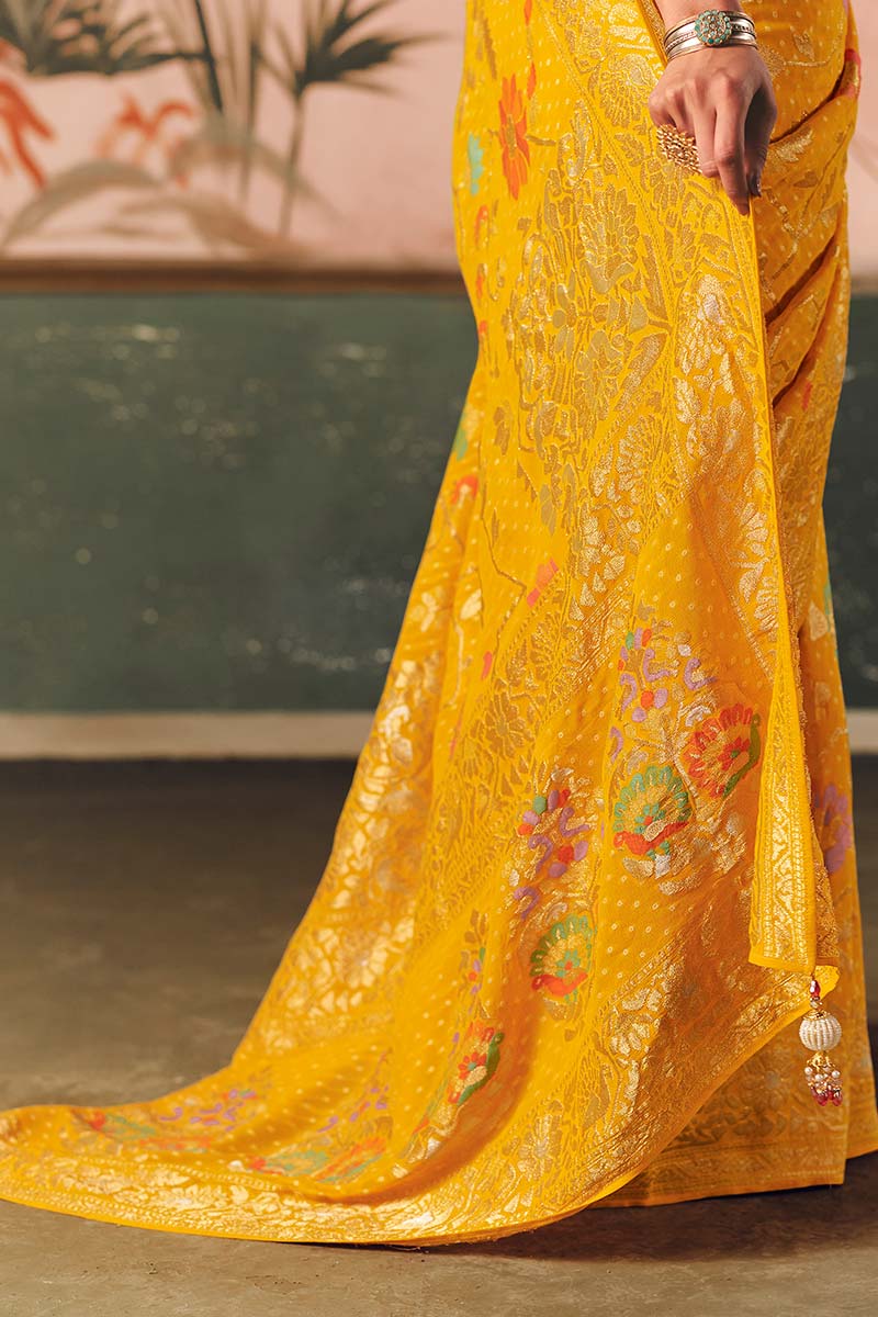 Mustard Festive Indian Bandhej Saree with Zari Weave – Khadi Georgette Collection LF