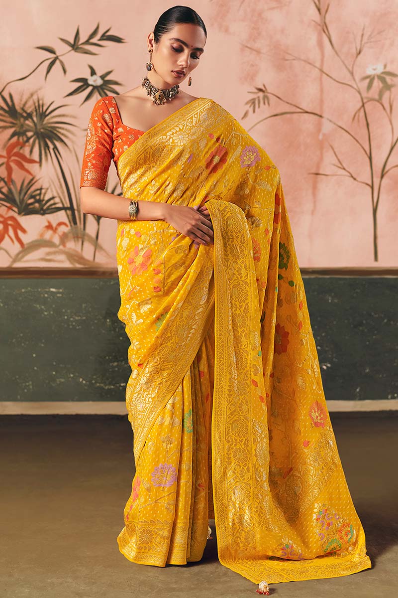 Mustard Festive Indian Bandhej Saree with Zari Weave – Khadi Georgette Collection LF