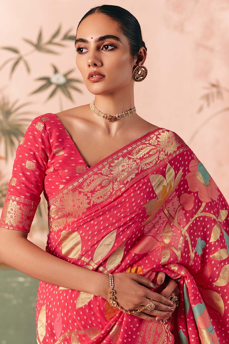 Pink Signature Designer Bandhej Saree – Khadi Georgette with Elegant Tassels LF