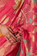 Pink Signature Designer Bandhej Saree – Khadi Georgette with Elegant Tassels LF