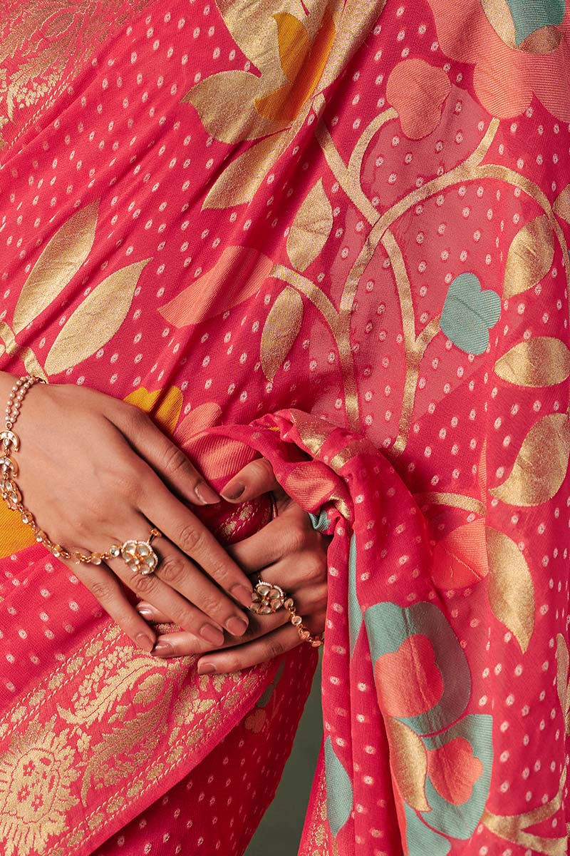Pink Signature Designer Bandhej Saree – Khadi Georgette with Elegant Tassels LF