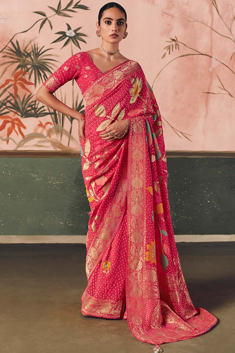 Pink Signature Designer Bandhej Saree – Khadi Georgette with Elegant Tassels LF
