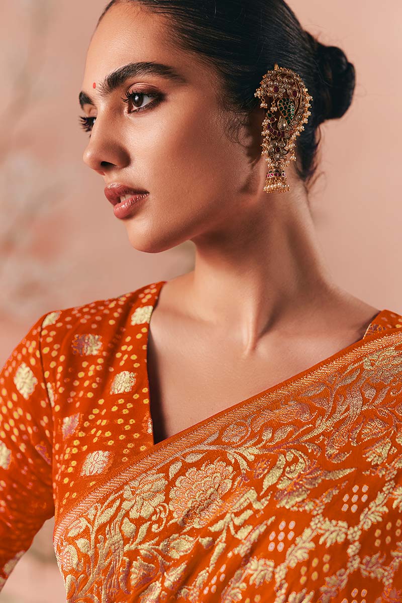 Orange Designer Khadi Georgette Bandhej Saree with Rich Weaving Work & Tassel Pallu LF