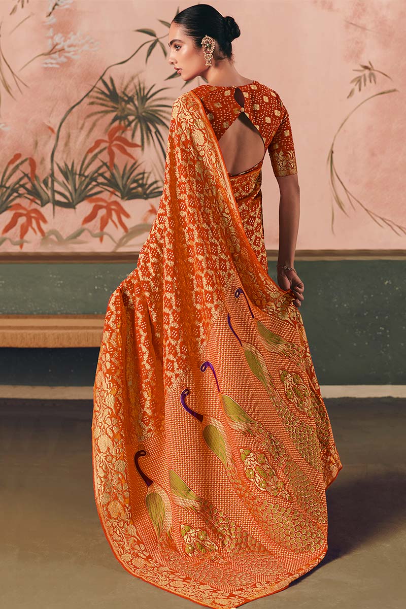 Orange Designer Khadi Georgette Bandhej Saree with Rich Weaving Work & Tassel Pallu LF