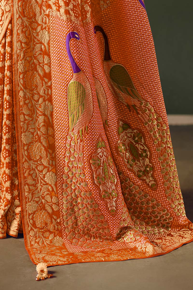 Orange Designer Khadi Georgette Bandhej Saree with Rich Weaving Work & Tassel Pallu LF