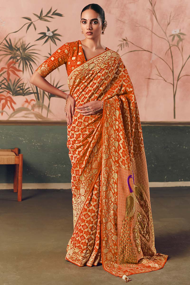 Orange Designer Khadi Georgette Bandhej Saree with Rich Weaving Work & Tassel Pallu LF