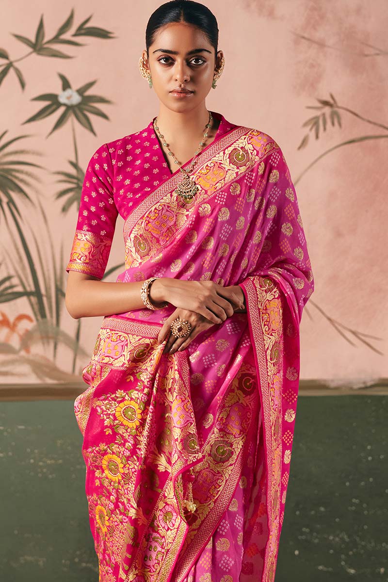 Rani Pink Bandhej Khadi Georgette Saree – Designer Weaving & Festive Style LF