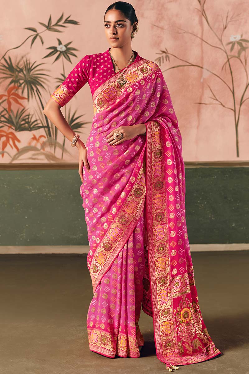 Rani Pink Bandhej Khadi Georgette Saree – Designer Weaving & Festive Style LF