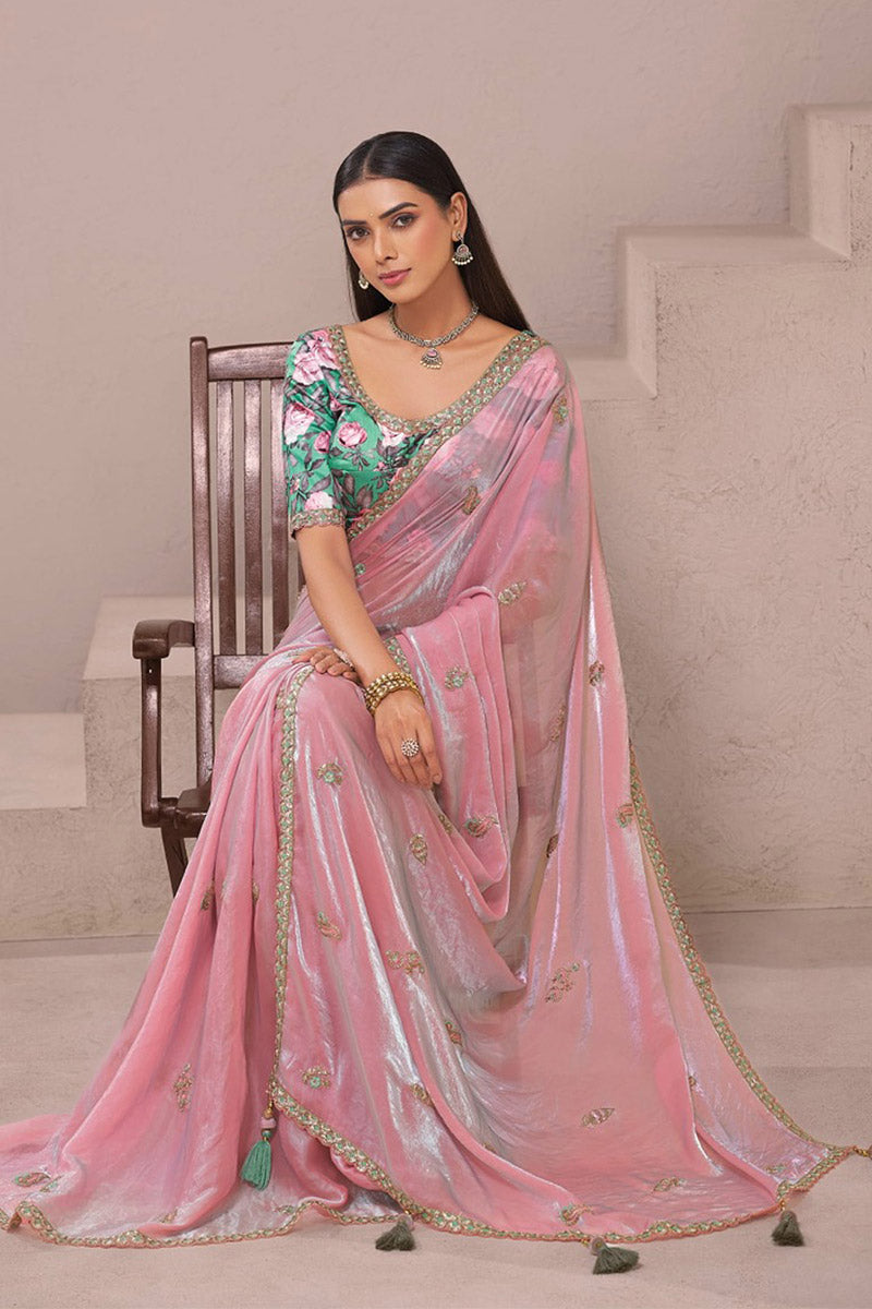Elegant Blush Pink Organza Saree with Embroidered Floral Blouse LF