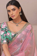 Elegant Blush Pink Organza Saree with Embroidered Floral Blouse LF