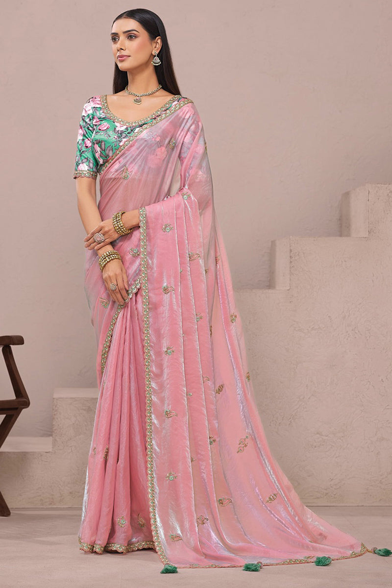 Elegant Blush Pink Organza Saree with Embroidered Floral Blouse LF