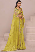 Mustard Organza Saree with Detailed Mirror Work & Floral Blouse LF