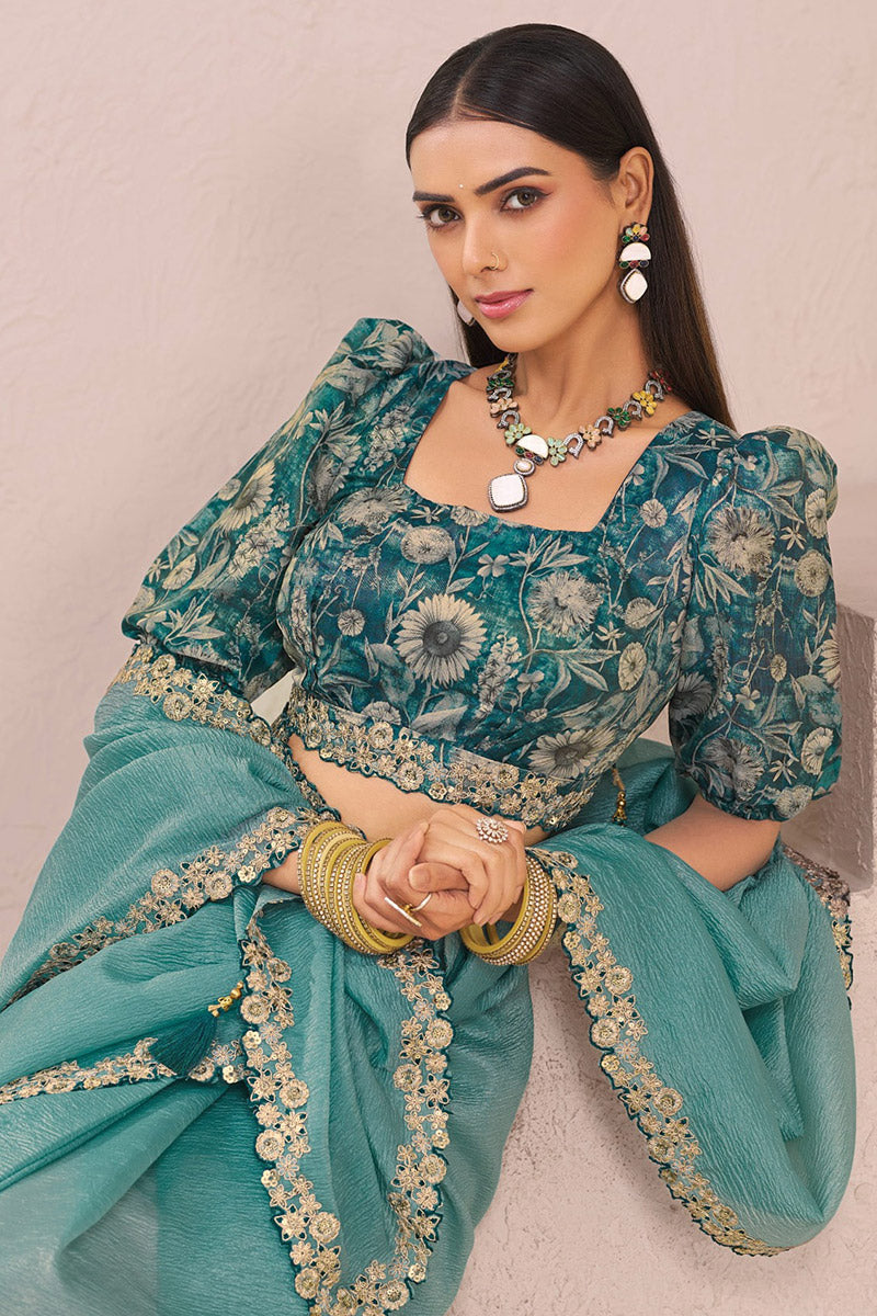 Shimmering Light Teal Saree with Teal Floral Embroidered Blouse LF