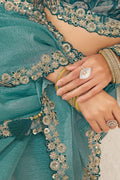 Shimmering Light Teal Saree with Teal Floral Embroidered Blouse LF