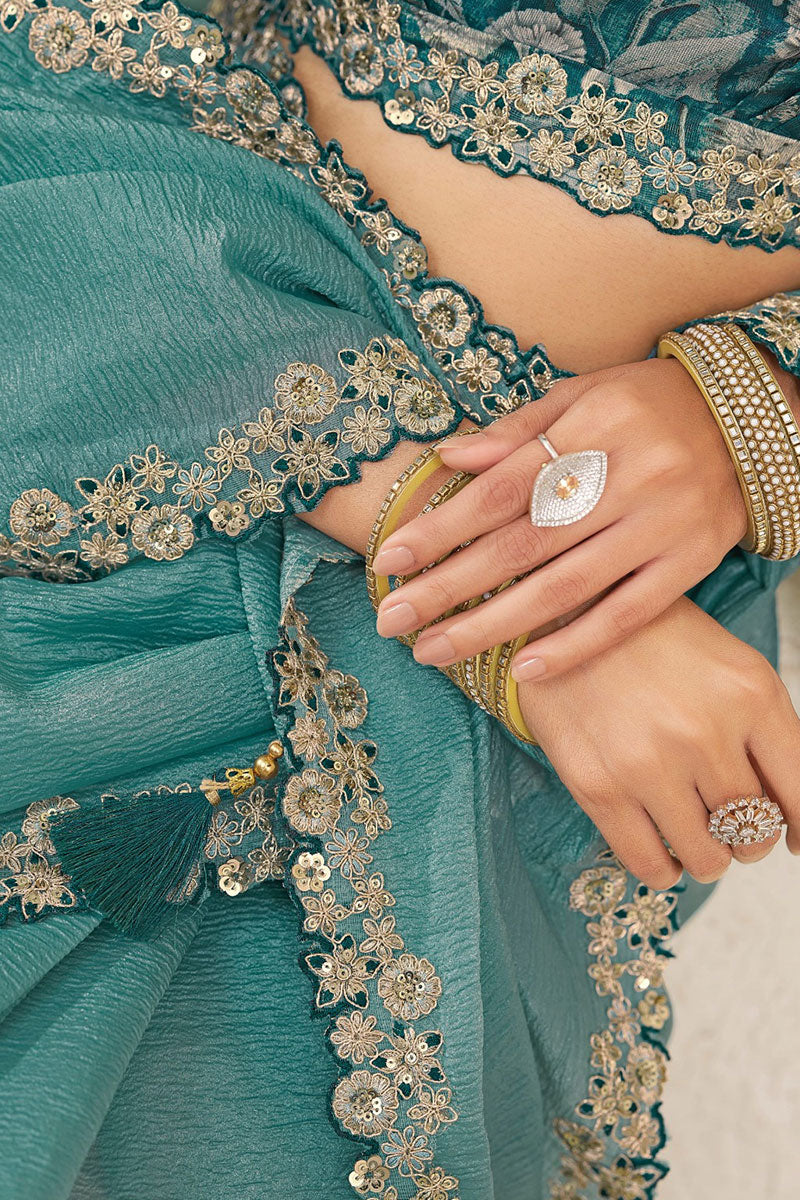 Shimmering Light Teal Saree with Teal Floral Embroidered Blouse LF