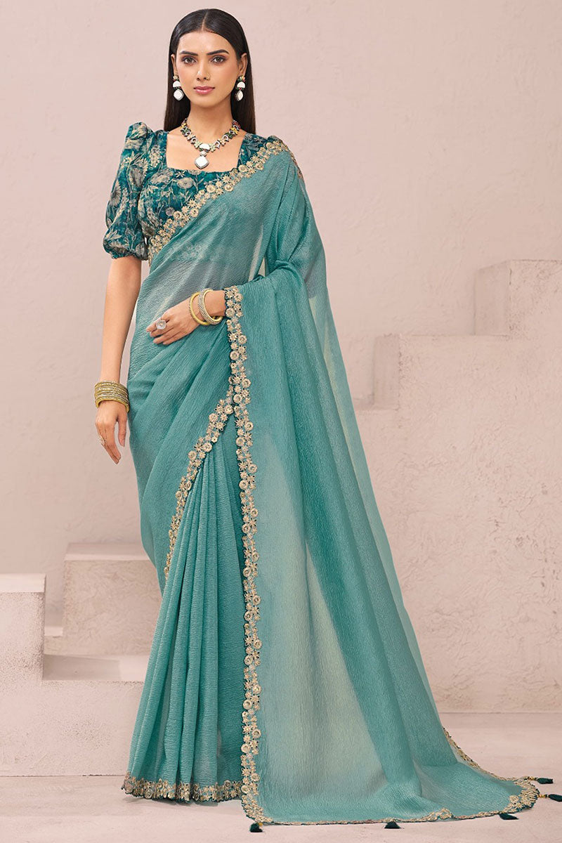 Shimmering Light Teal Saree with Teal Floral Embroidered Blouse LF