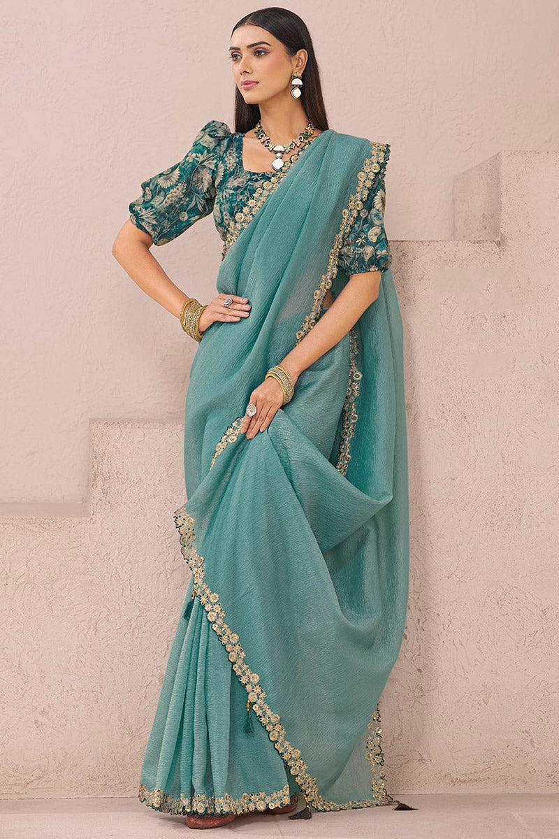 Shimmering Light Teal Saree with Teal Floral Embroidered Blouse LF