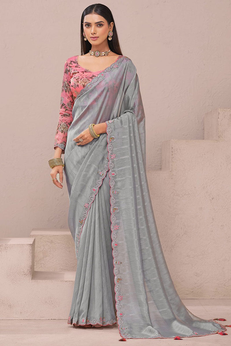 Grey Organza Saree for Weddings & Parties – Embroidered Blouse LF