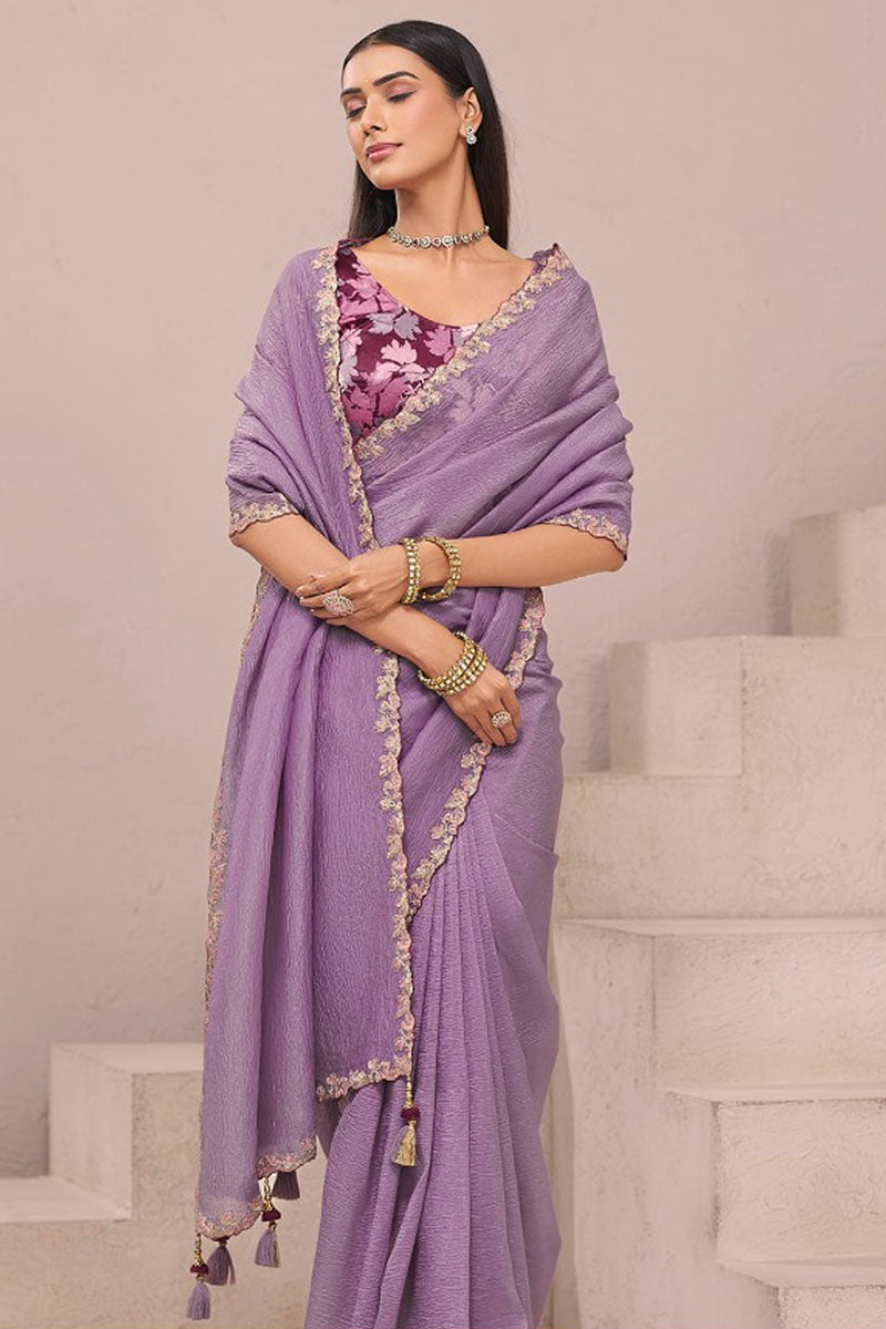 Designer Lavender Fancy Saree with Floral Blouse – Party Wear Saree UK LF