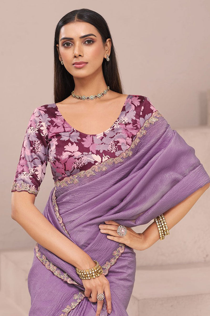 Designer Lavender Fancy Saree with Floral Blouse – Party Wear Saree UK LF