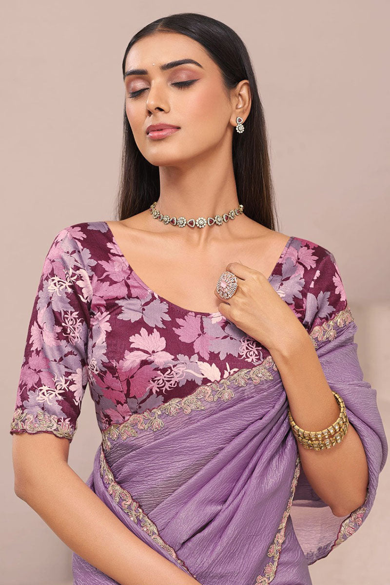 Designer Lavender Fancy Saree with Floral Blouse – Party Wear Saree UK LF