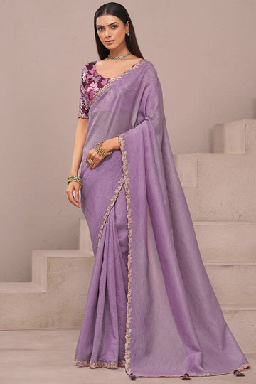 Designer Lavender Fancy Saree with Floral Blouse – Party Wear Saree UK LF